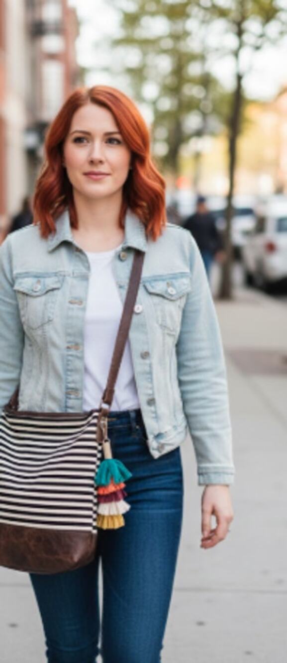 Denim Stripe Crossbody Bag – Leather Trim – Adjustable Strap